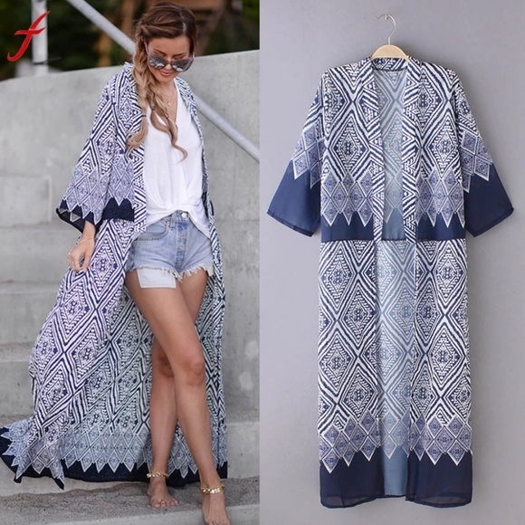 maxi long kimono beach cover Tops - Maxi Long Boho Kimono Duster